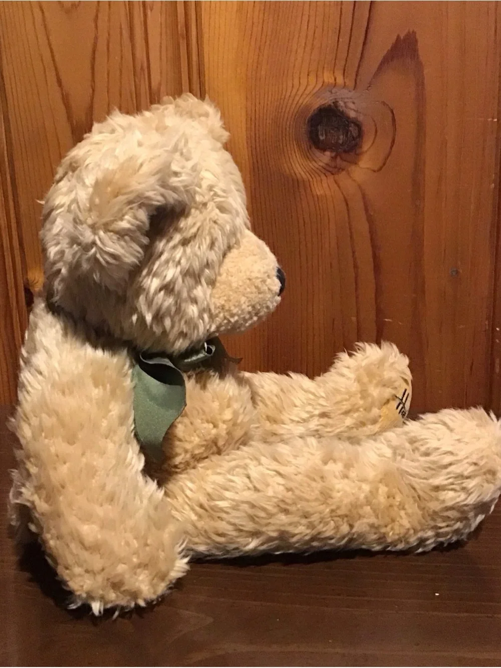 Harrods Cream-Tan Teddy Bear with Green Satin Bow